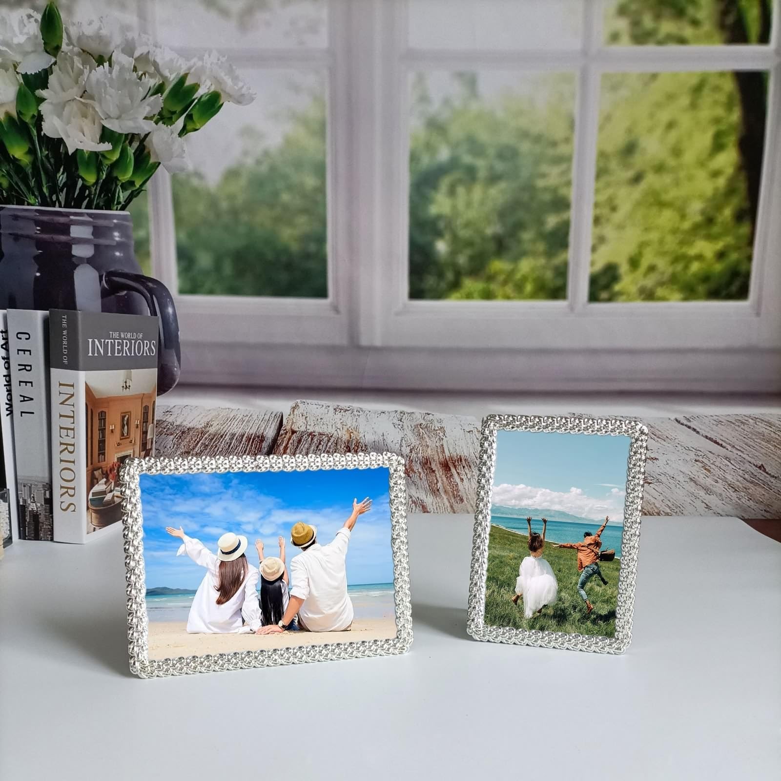 Bilderrahmen Silber, Fotogröße 12.5x17.5 CM Tischplatte Elegant Fotorahmen mit Passepartout Horizontal/Vertikal, Rechteck Kratzfestes Posterrahmen Metall für Wohnzimmer, Schlafzimmer
