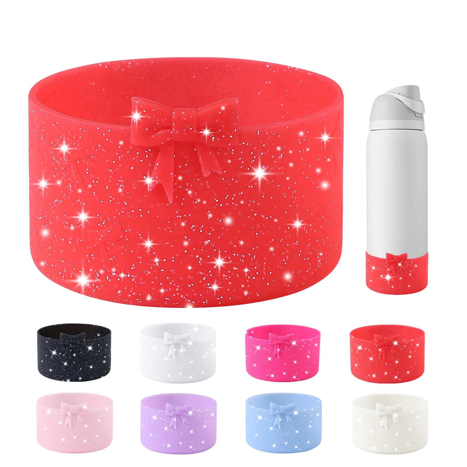 YAYAYOUNG Glitter Bow Silicone Boot for Owala 32oz Water Bottle,Anti-Slip Protective Sleeve Bottom Bumper Protector for FreeSip, Twist, and Flip Stainless Steel Water Bottles Accessories-Red