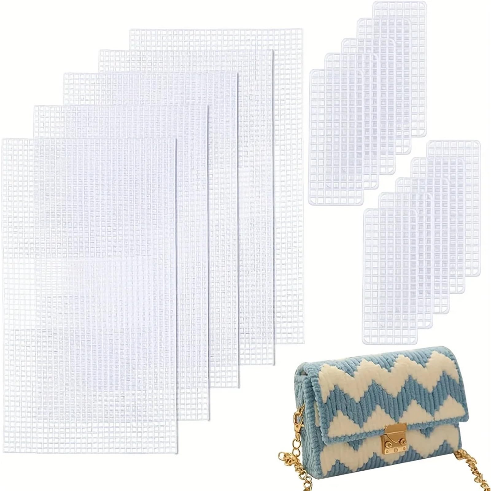 Cubierta de red de plástico para manualidades de punto y base de bolso de lona con hilo, 12 ud