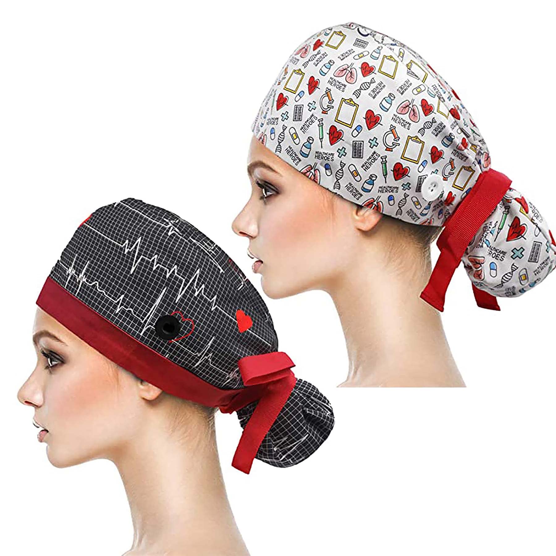 KASTWAVEWorking Cap, Adjustable Cotton Working Hats, KASTWAVE Sweatband Cotton Ponytail Holder, with Buttons and Sweatband, Long Hair Head Covers Shower Caps, Tie Back Hats for Women & Men