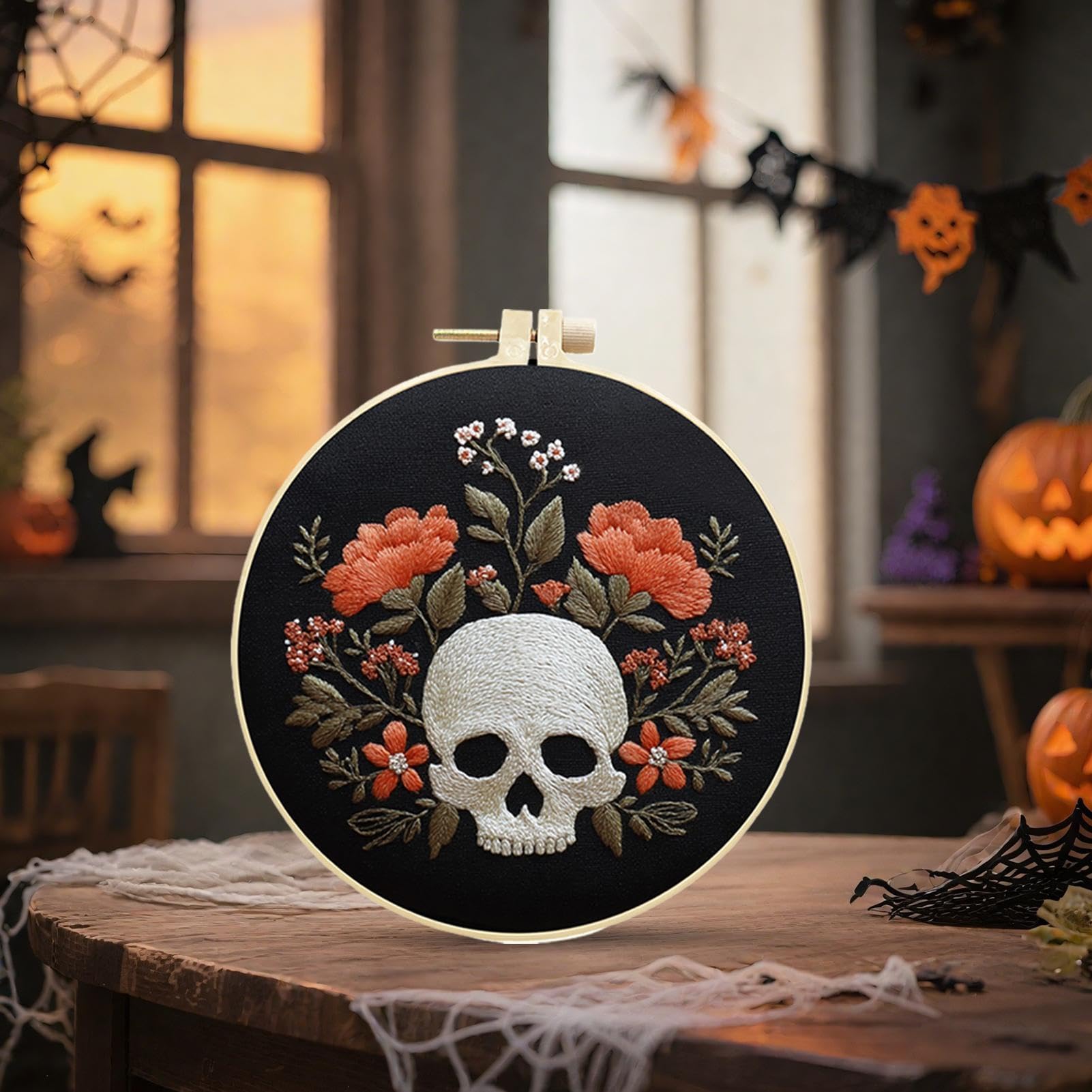 Haft Halloween Zestaw Do Ćwiczeń Rękodzieła Z Tamborkiem I Nićmi | Haft Czaszka Halloween dla Początkujących i Dorosłych Dla Dorosłych Kobiet Mam Żon Rodziny Przyjaciół Miłośników