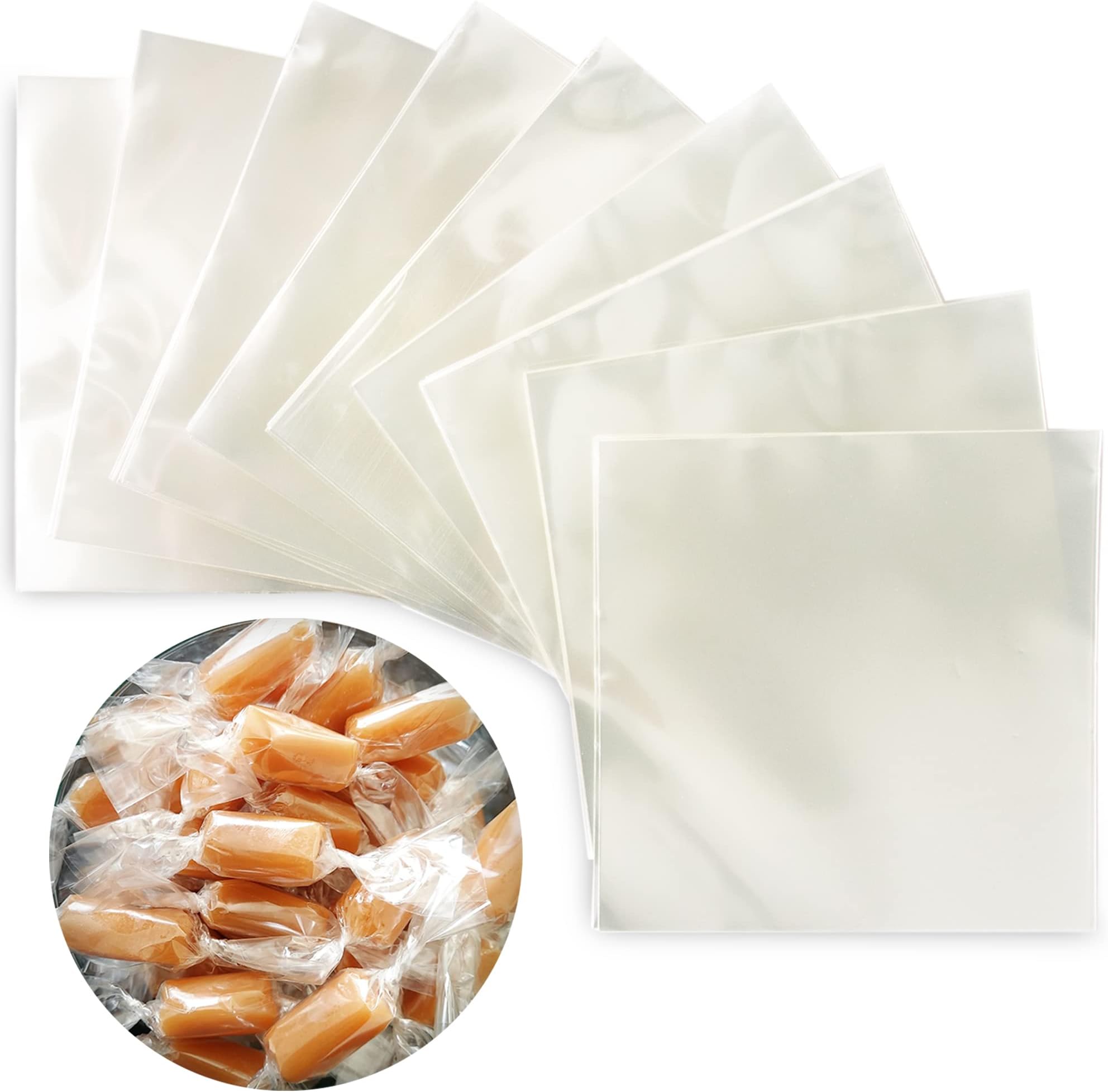 Clear Candy Wrappers for Caramels (600 Pcs 5 x 5 inches) - Natural Clear Cellophane Wrapper - Candy Wrapping Paper for Caramel, Chocolate, Nougat, and Lollipops