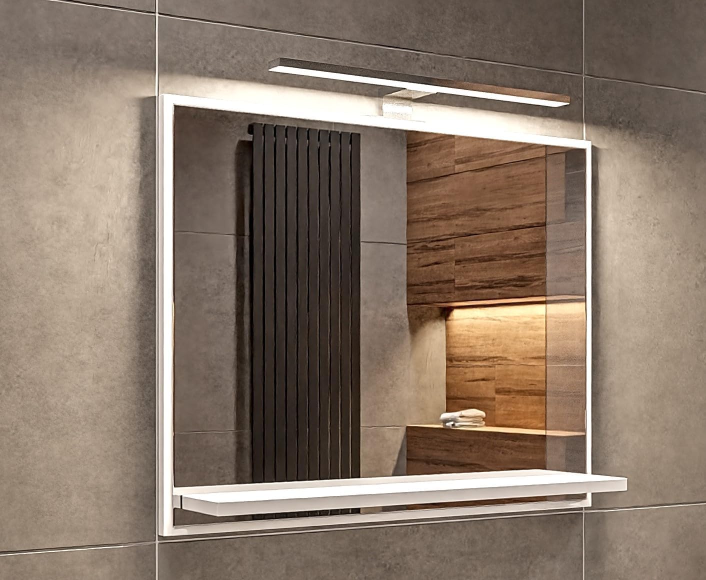 Weiß Badspiegel mit Beleuchtung 4000 K IP44 H:50 x B: 60 cm - Bathroom Mirror - Moderner Badezimmer Spiegel Rechteckig mit Ablagen und Schwarz LED - Wandspiegel mit Regal