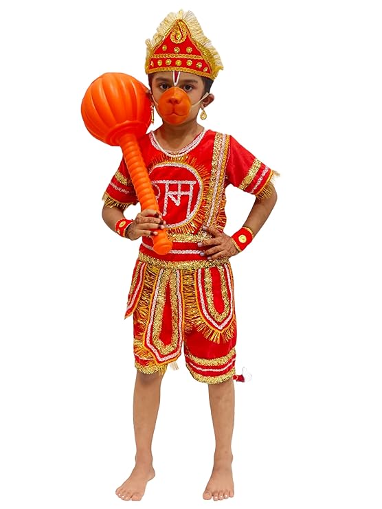 SHIV VESH BHUSHA® Kids Hanuman Ji Costume Set, Red &amp; Gold Traditional Bjarang bali Dress with Crown, Tail &amp; Mask, Religious Function Outfit-With gada