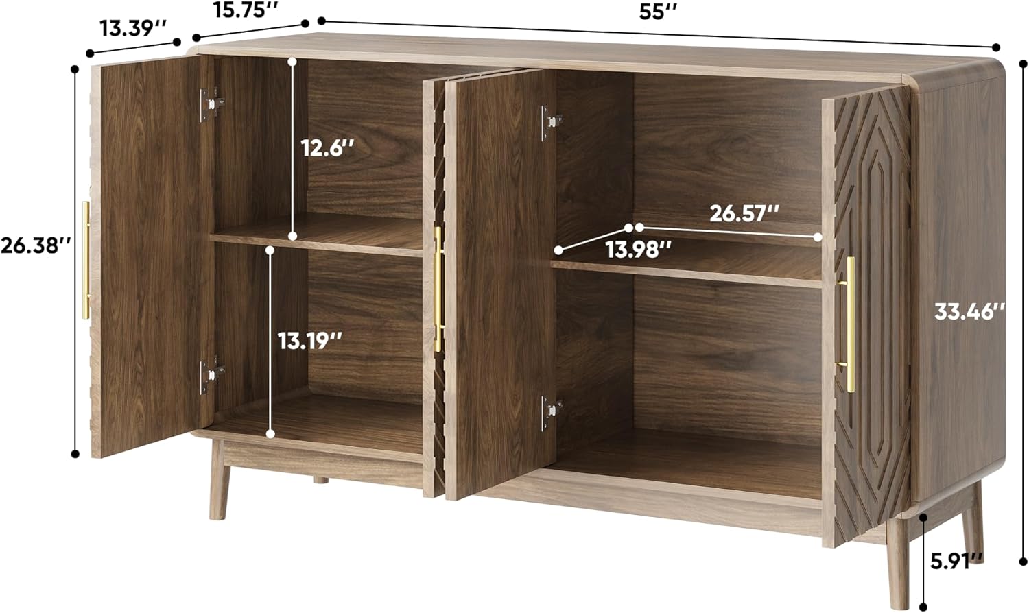 Walnut Carved Four-Door Sideboard with Gold Handles