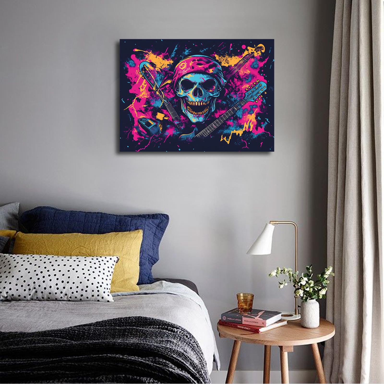 UIRINGART Impression sur toile de style hip hop Crâne psychédélique avec guitare Décoration murale pour salon Bar Halloween thème œuvres d’art affiches 80x110cm Cadre intérieur