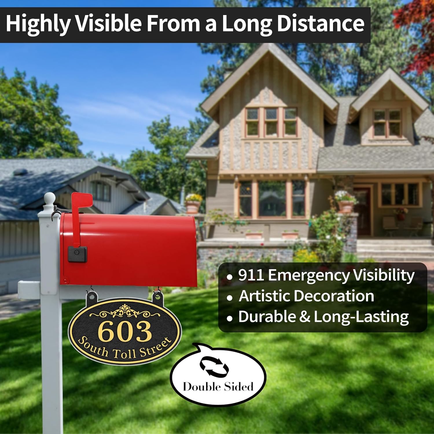 Hanging Address Plaque Oval - Personalized House Number Sign Plaque,Address Sign,House Numbers for Outside House,Mailbox,Lamp Post,Light Post, Metal Option with 2 Hooks 9.8 x 6.4 inch