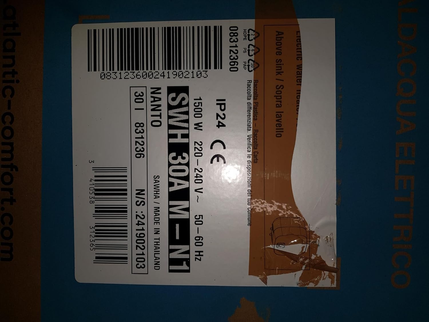 Product label of Atlantic Nanto 831236 water heater showing model, power, voltage, frequency, and IP24 rating.