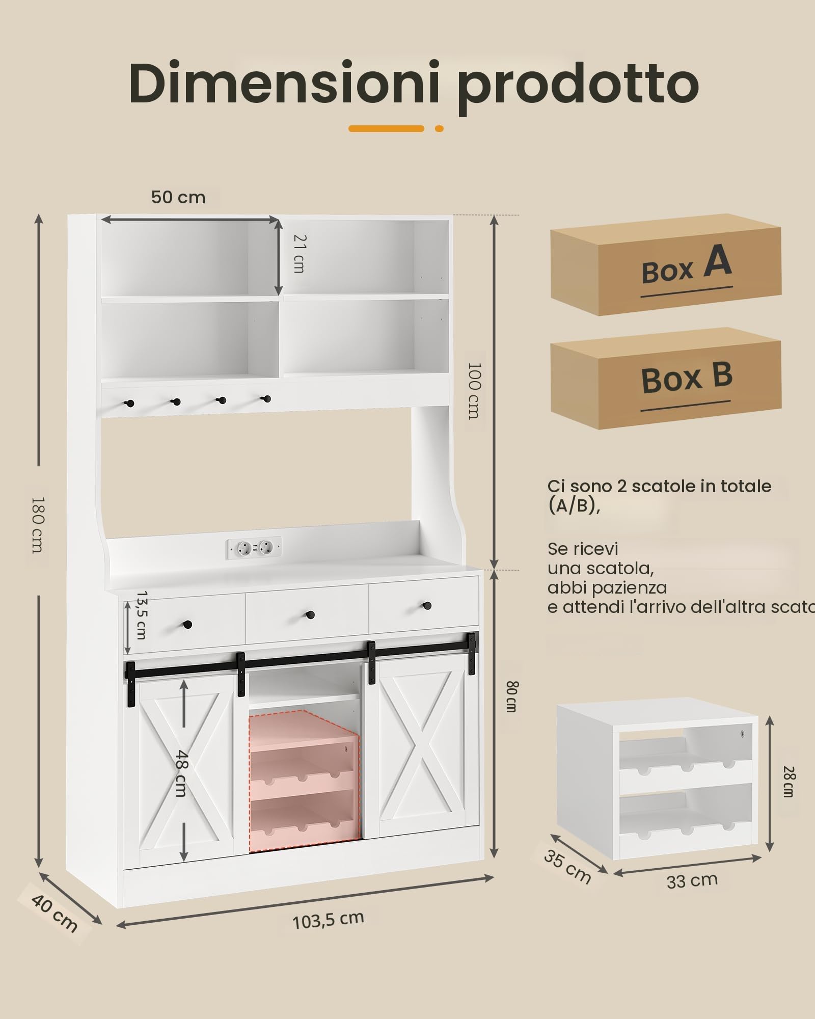 Credenza, Credenza Cucina con Illuminazione a LED, Presa Elettrica, Mobile Buffet, Scaffale Rimovibile, 3 Cassetti, Ripiani Regolabili, Grande Spazio, Cucina, Sala da Pranzo, 103.5*40*180 cm, Bianca