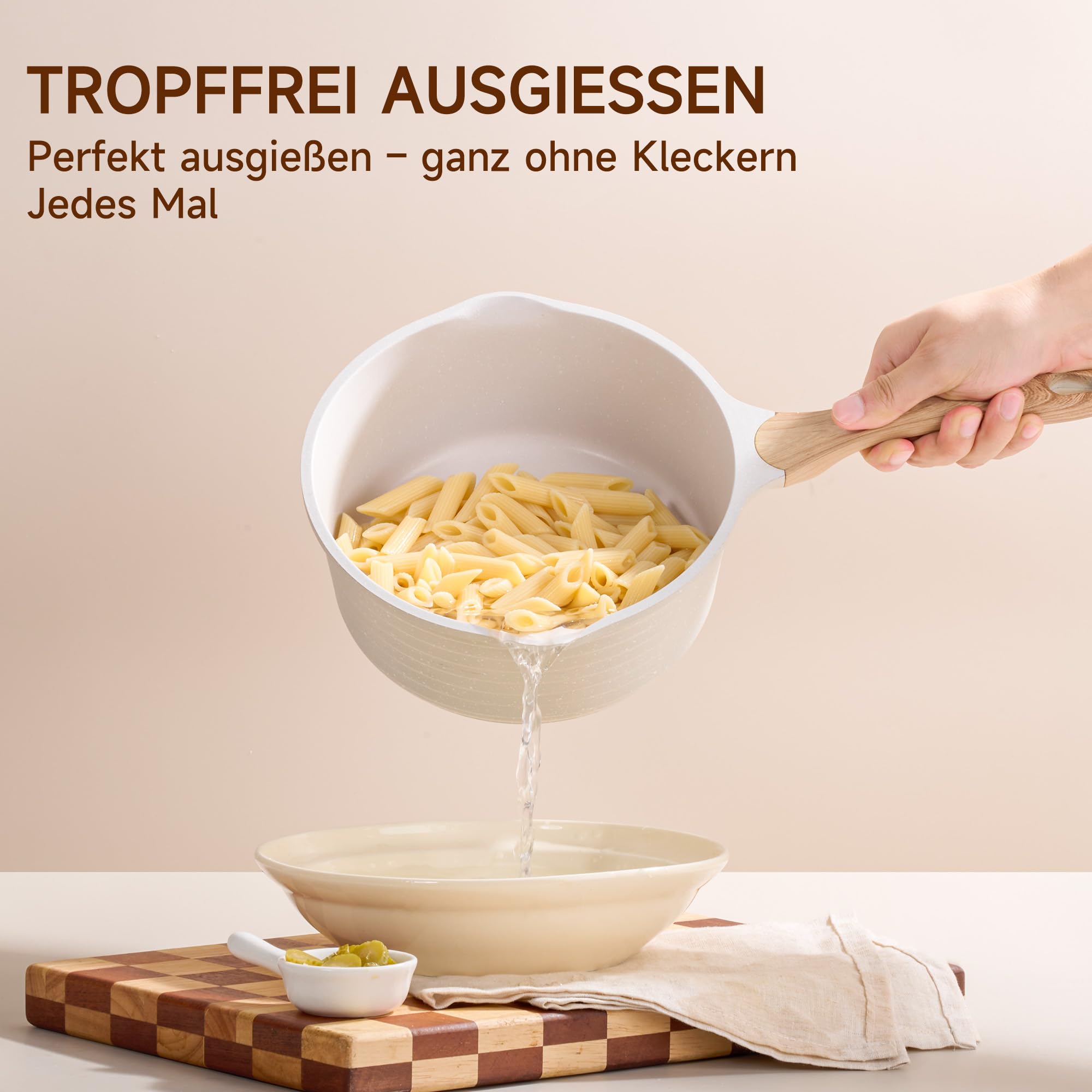 JEETEE Topf- und Pfannenset 23-teilig Beige, Antihaft Topfset für Induktion, mit Glasdeckeln, Kochtopf, Bratpfannen, Schmorpfanne, Crêpe-Pfanne und Grillpfanne