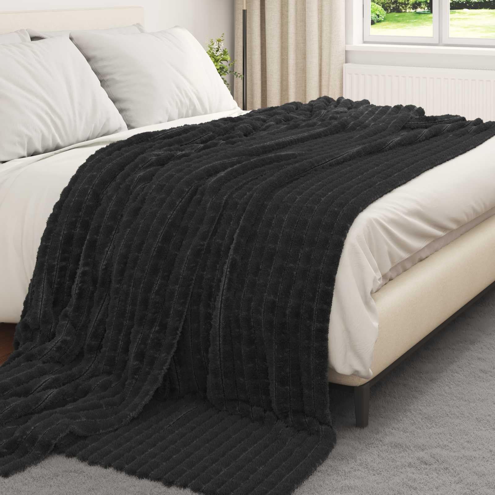 Manta de forro polar, color negro, 270 x 240 cm, manta a cuadros, manta mullida y cálida para sofá, dormitorio, salón, camping, viajes