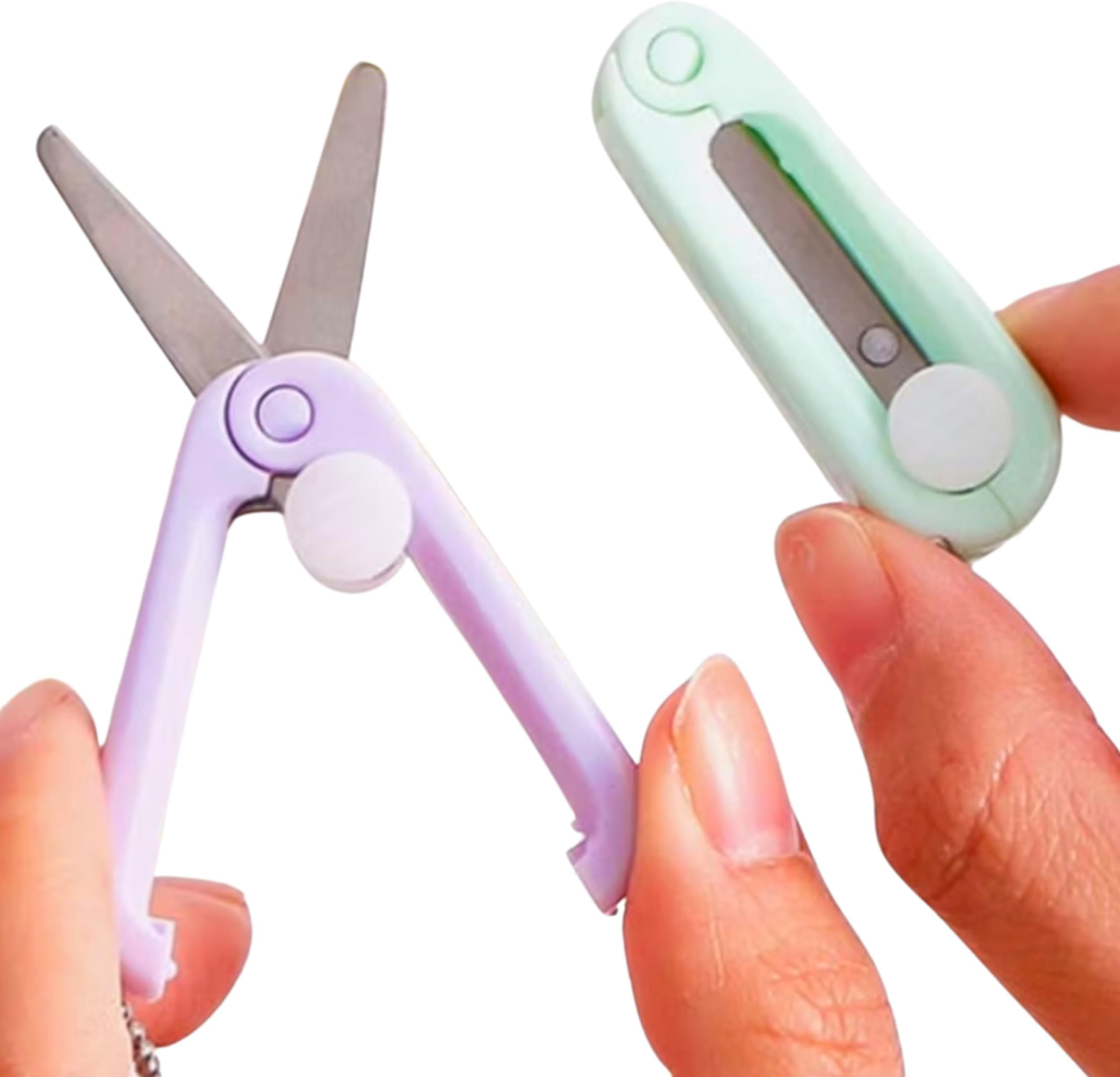 3 PCS Tiny Foldable Scissors for Travel, Folding Scissors Keychain, Mini Small Compact Retractable Safety Cutter, Pocket Shears Travel Sized, Telescopic Cutter (Pink Blue White)