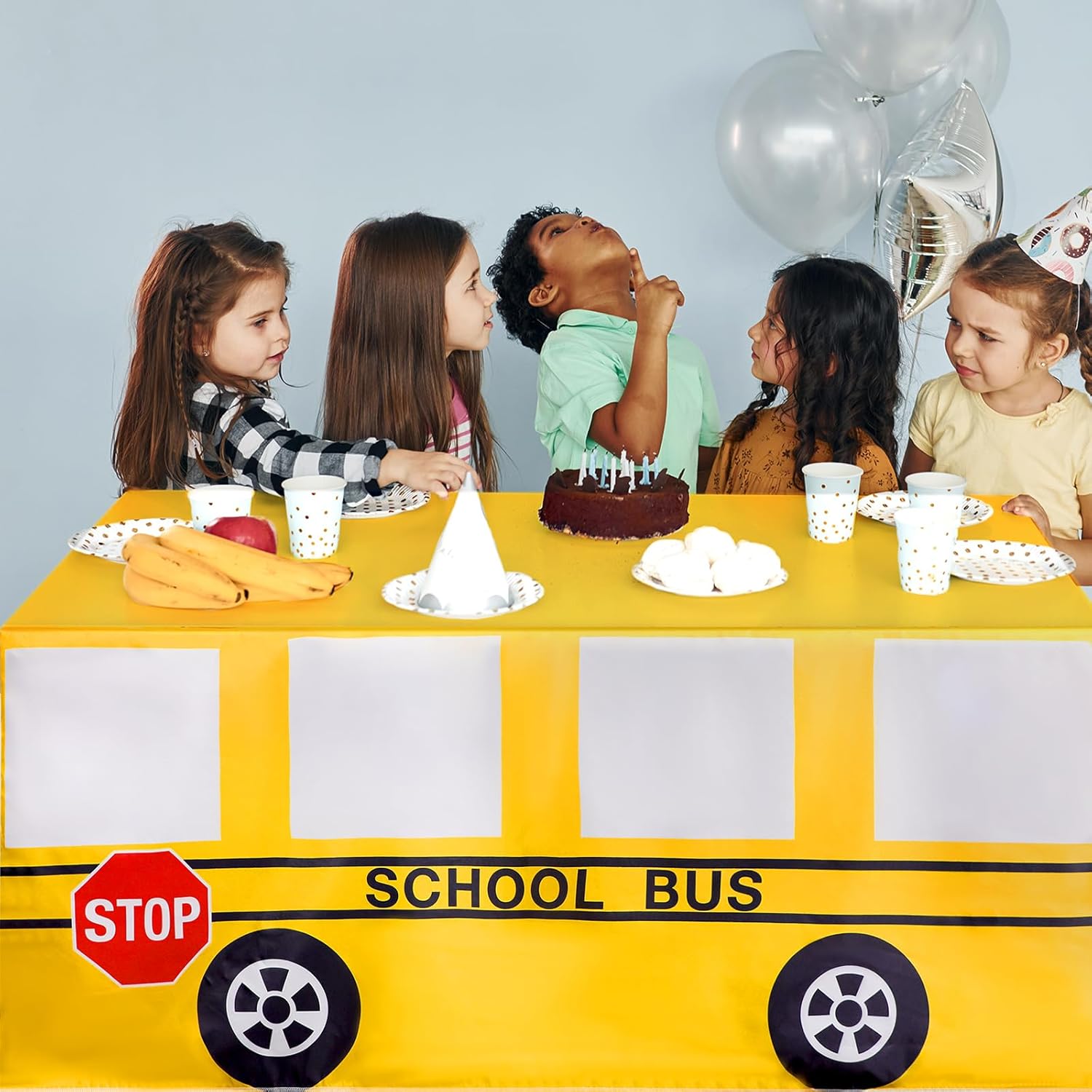 2Pcs 6 Ft School Bus Tablecloths Birthday Party Decorations School Bus Theme Table Cover Washable Fabric Polyester Rectangle Table Covers Protector for School Kindergarten Back to School Party Decor