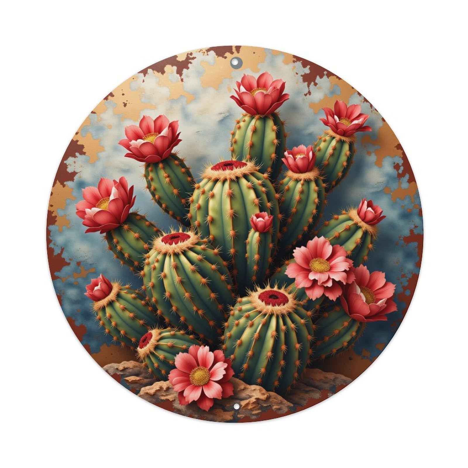 Cactus Flower Desert Art Print Round Tin Sign Vintage Metal Poster, Home Bar Garage Man Cave Cafe Indoor & Outdoor Wall Decoration 8x8Inches