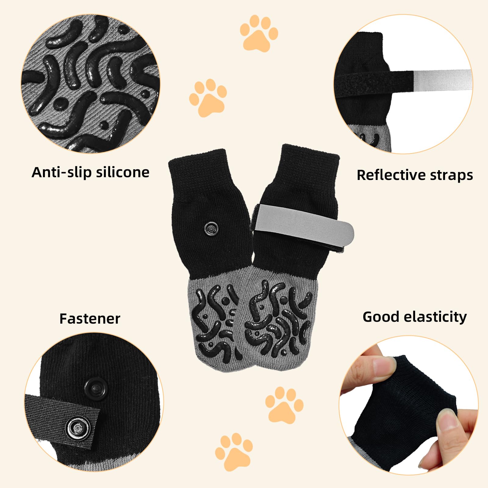 4 Paia Calzini Antiscivolo, Scarpe per Cani Protezioni per Le Zampe Regolabili Tramite Cinturini,Ideali per Uso Interno Ed Esterno, Calzini per Cani Taglia Piccola Media (S)