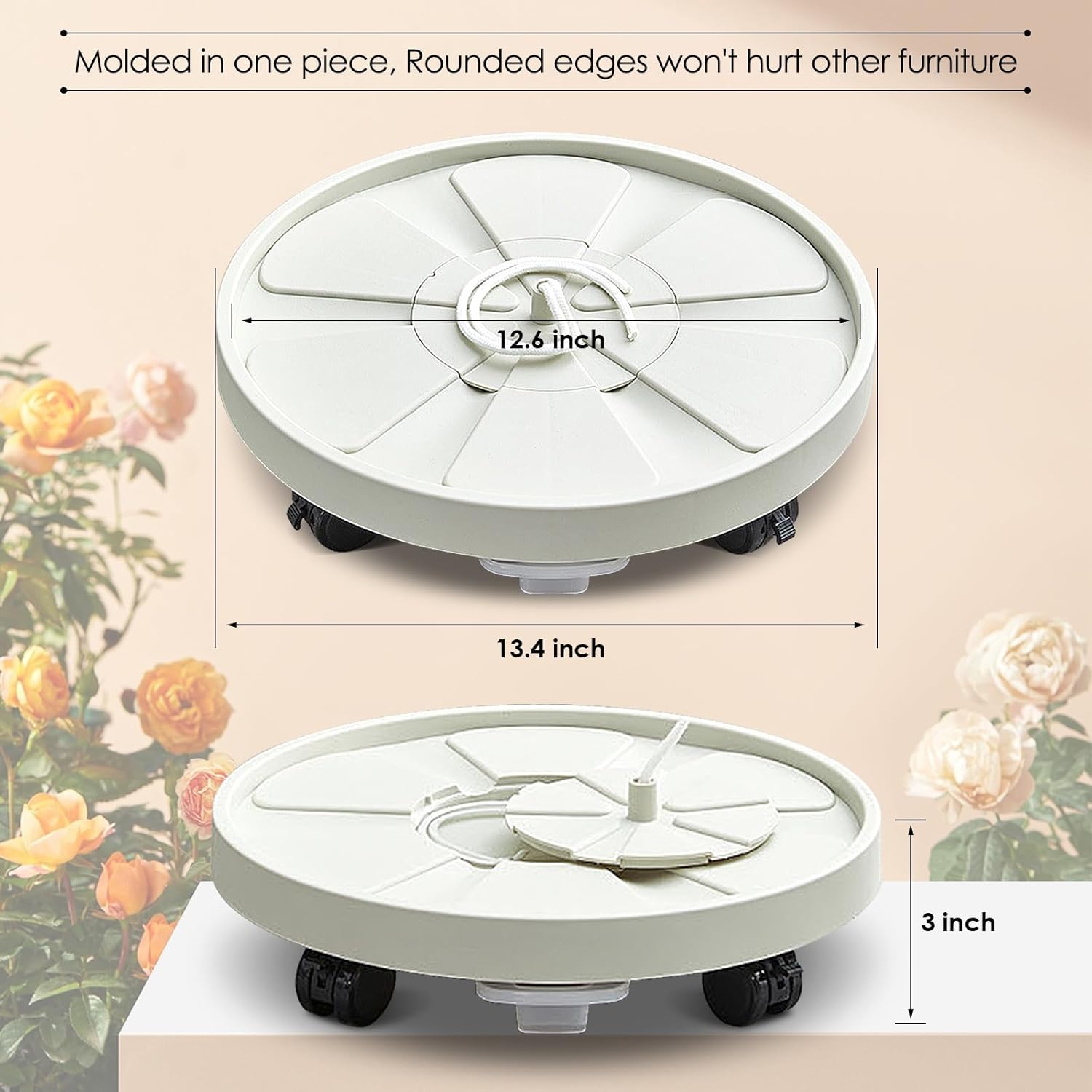 Planter Caddies 2 Set Lockable Caster Wheels, Heavy Duty Plant Stand Tray, Sturdy Plant Dolly Indoor/Outdoor Home Decor Flower Pot Rack with Large Water Storage Drawer Absorbe Cotton- Ivory White