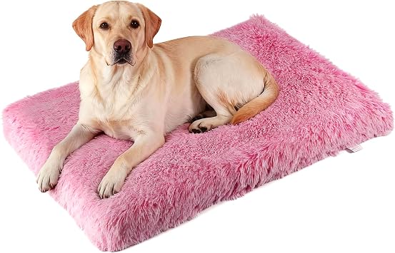 Orthopedic Memory Foam Dog Bed Medium Size Crate Pad 35 x 22 Inch Pink | Dual-layer support with removable washable plush cover waterproof liner nonslip base for kennel car and home use up to 60 lb
