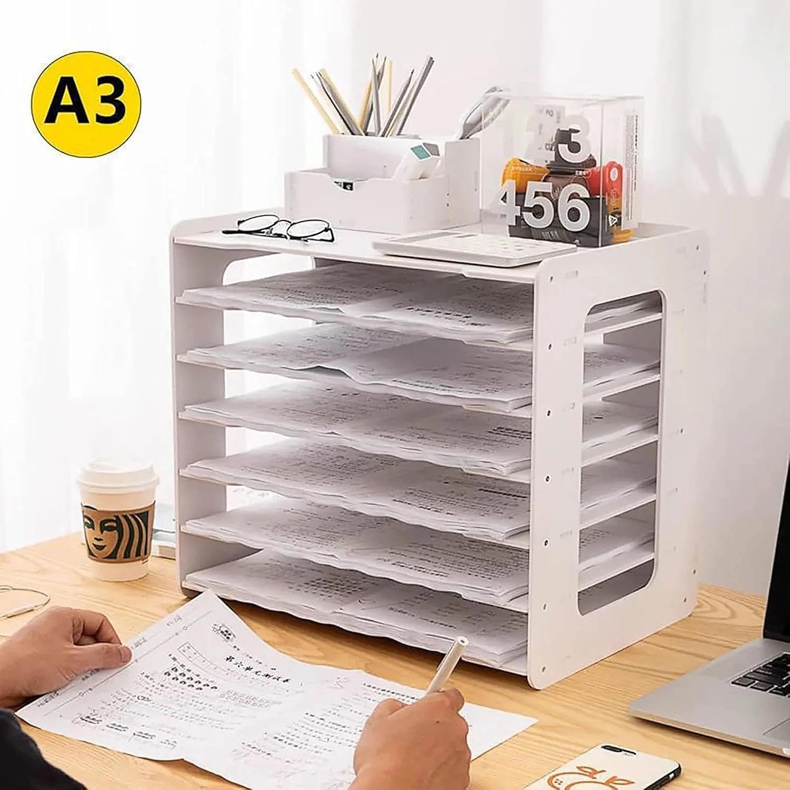 Organizador de escritorio, bandeja de 7 niveles para papel A3/A4, bandejas de archivo y soporte para documentos, organizador de escritorio de oficina de madera para el hogar y la escuela