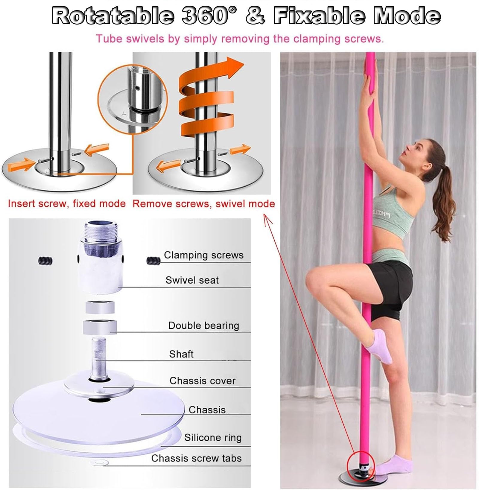 Home Dance Pole - Bastone rotante a 360° e funzione statica con tubo di prolunga, portatile, 45 mm, in silicone, per camera da letto e studio fitness