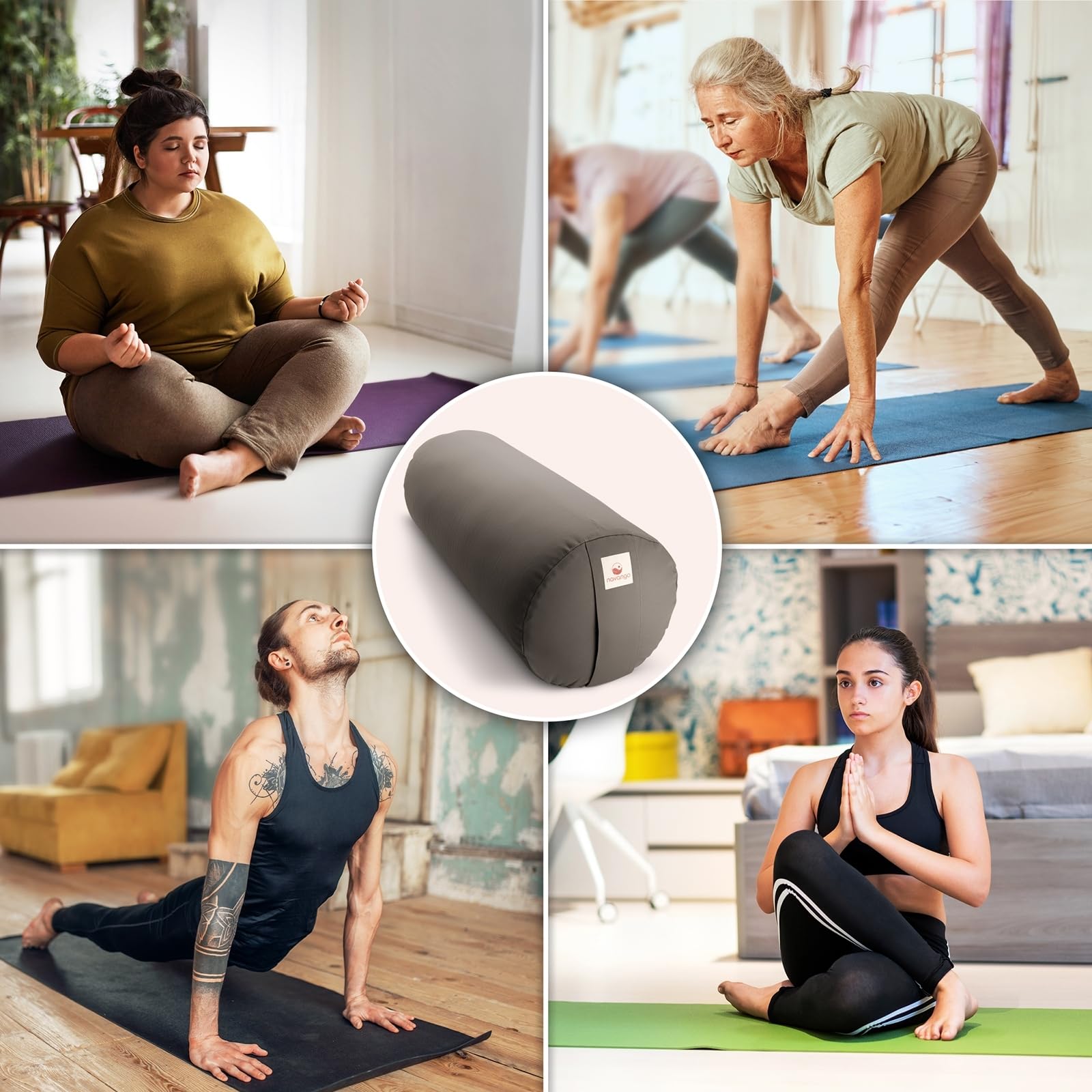 Yoga Bolster – Handmade in Germany, 24cm x 64cm | Yoga Rolle mit praktischem Tragegriff, 100% Dinkelspelz Füllung, Waschbarer Bezug 100% Baumwolle