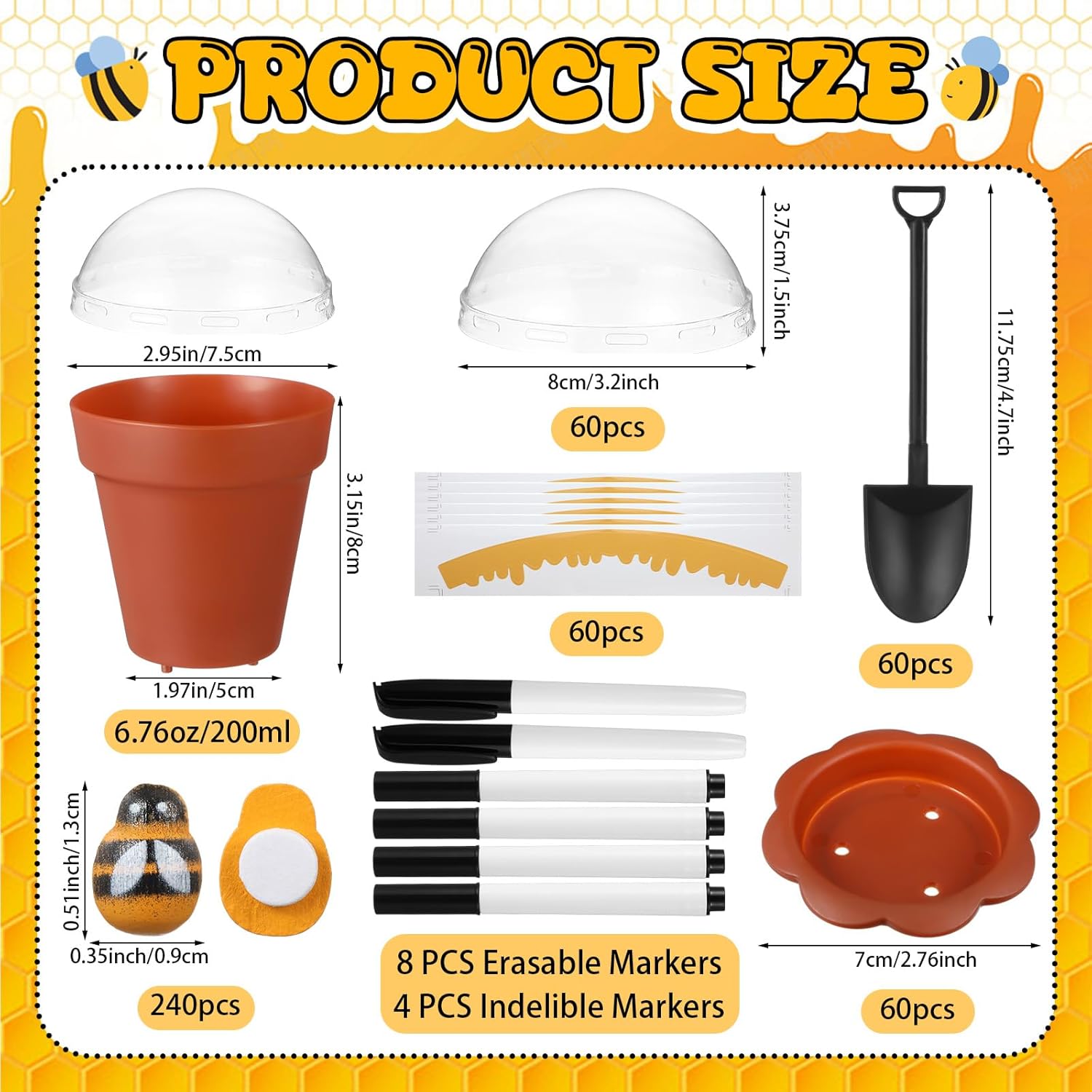 Jingmore 60 Sets Bee Honey Jars Party Favors Bulk, Mini Plastic Bee Theme Honey Jar Pots Decoration with Lids, Dippers and Saucers for DIY Cupcake Dessert Baby Shower Wedding Party Gift Set (Brown)