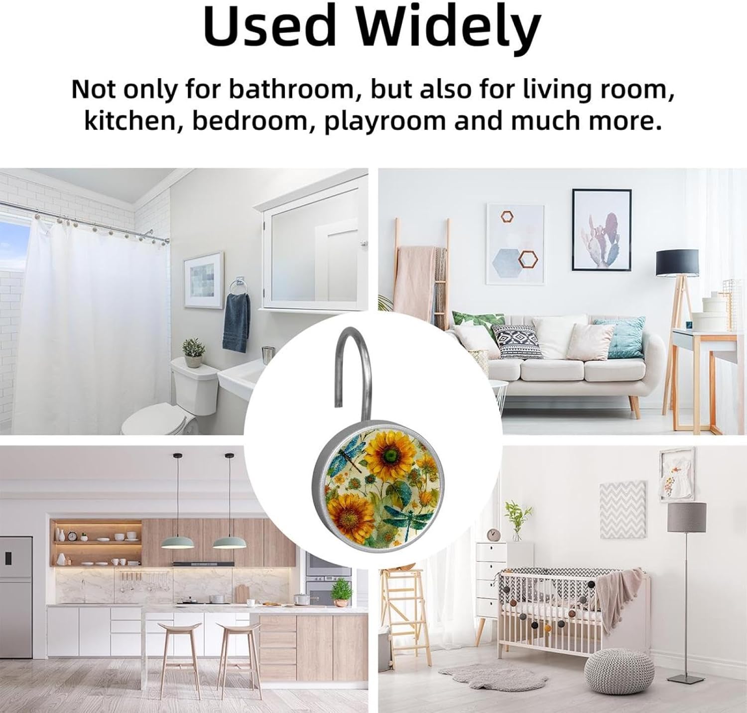 Sunflower Dragonfly Decorative Shower Curtain Hooks Rings,Set of 12pcs Shower Curtain Hooks,Rustproof Decorative Shower Rings for Bathroom