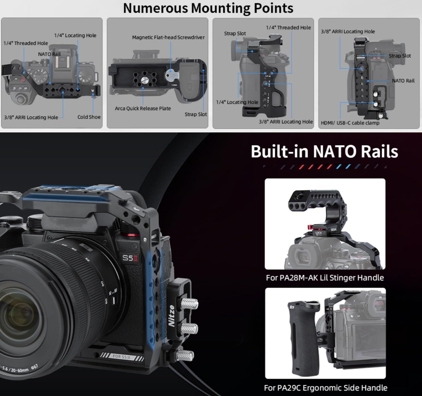 Nitze Klatka na aparat do aparatu LUMIX S5 II / S5 IIX / G9 II z zaciskiem kablowym HDMI/USB-C, wbudowane górne i boczne szyny NATO, zimna stopka i płyta szybkiego uwalniania Arca Swiss