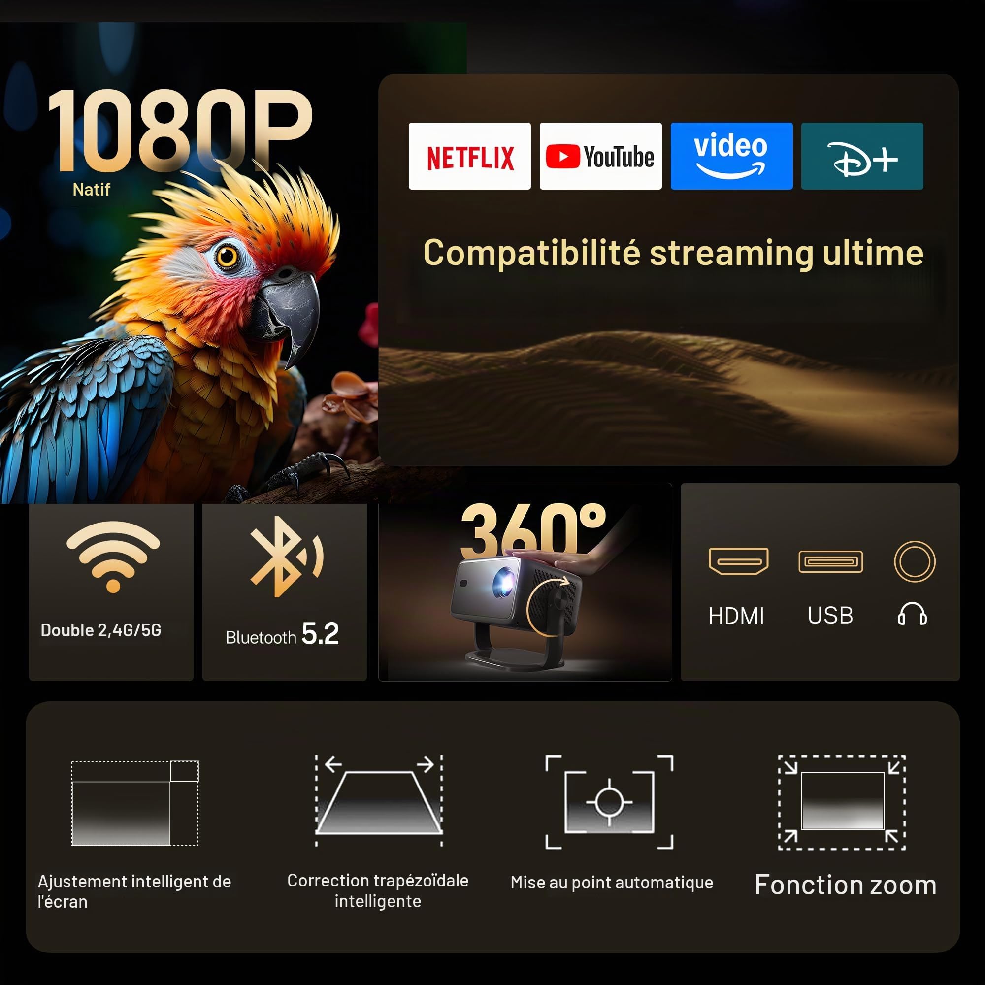 Smart Vidéoprojecteur Supporte 4K, Compatible avec Netflix Projecteur HDR10