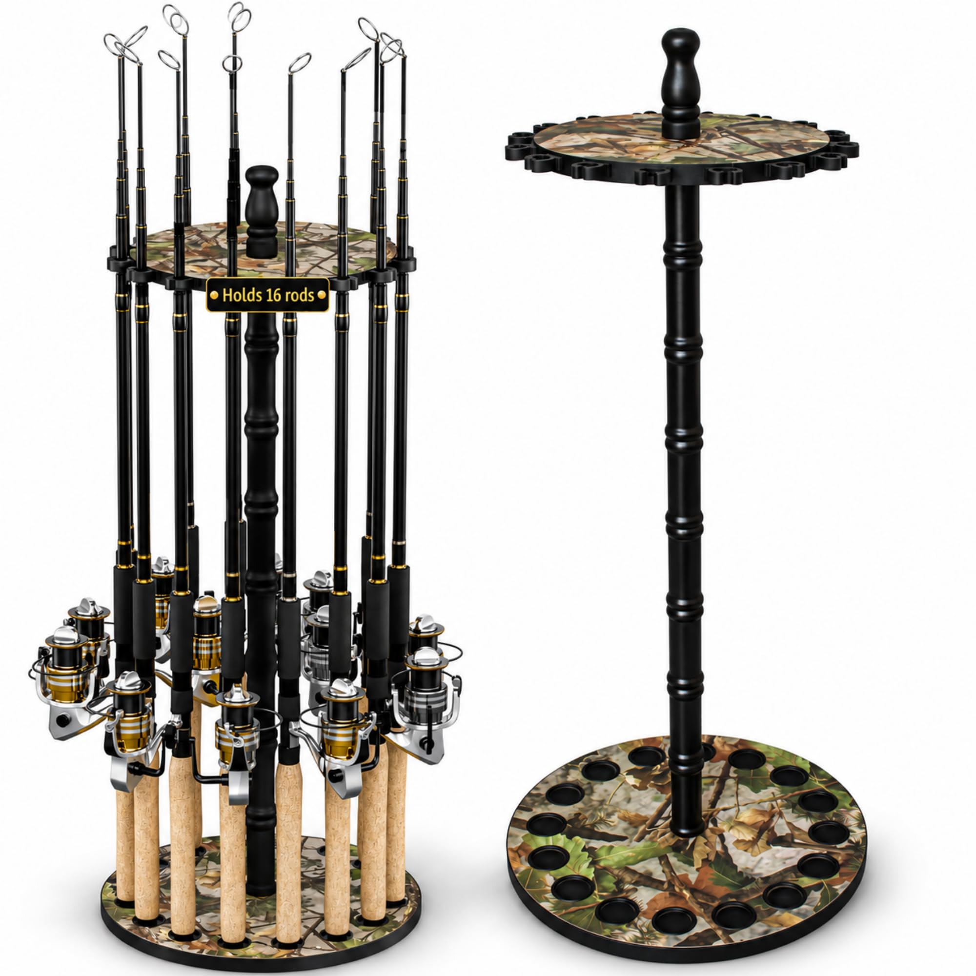 Rush Creek Creations 16-Rod Round Fishing Rod Holder for Garage, 360° Access Fishing Pole Holder for Fishing Rods, Reels, and Gear, Securely Holds 16 Rods, Camouflage