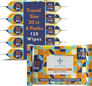 ALTA + Alcohol Free Hand Sanitizing Wipes, Travel Size, 20 Wipes, 6 Packs, Total 120 Pieces