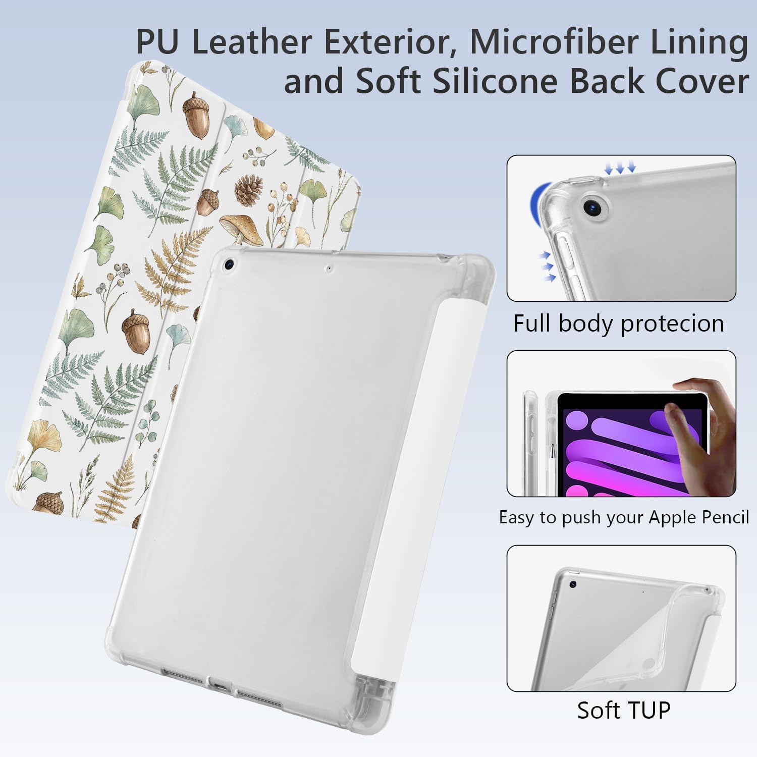 Mushroom Pinecone Leaves for iPad (A16) 11th Gen Case 11 Inch 2025, for iPad 10th Gen Case 10.9 Inch 2022 with Pencil Holder, Auto Sleep/Wake, White Leather Soft TPU Back Cover