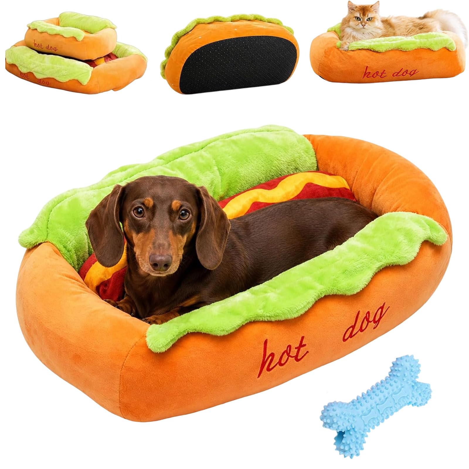 Snrtevu Hot Dog Dog Bed, Soft Plush Small Cute and Warm Cozy Food Dog Cat Bed, Funny Plush Sausage Bun Pet Sofa Nest with Non-slip, Removable & Washable (55cm*45cm21cm)