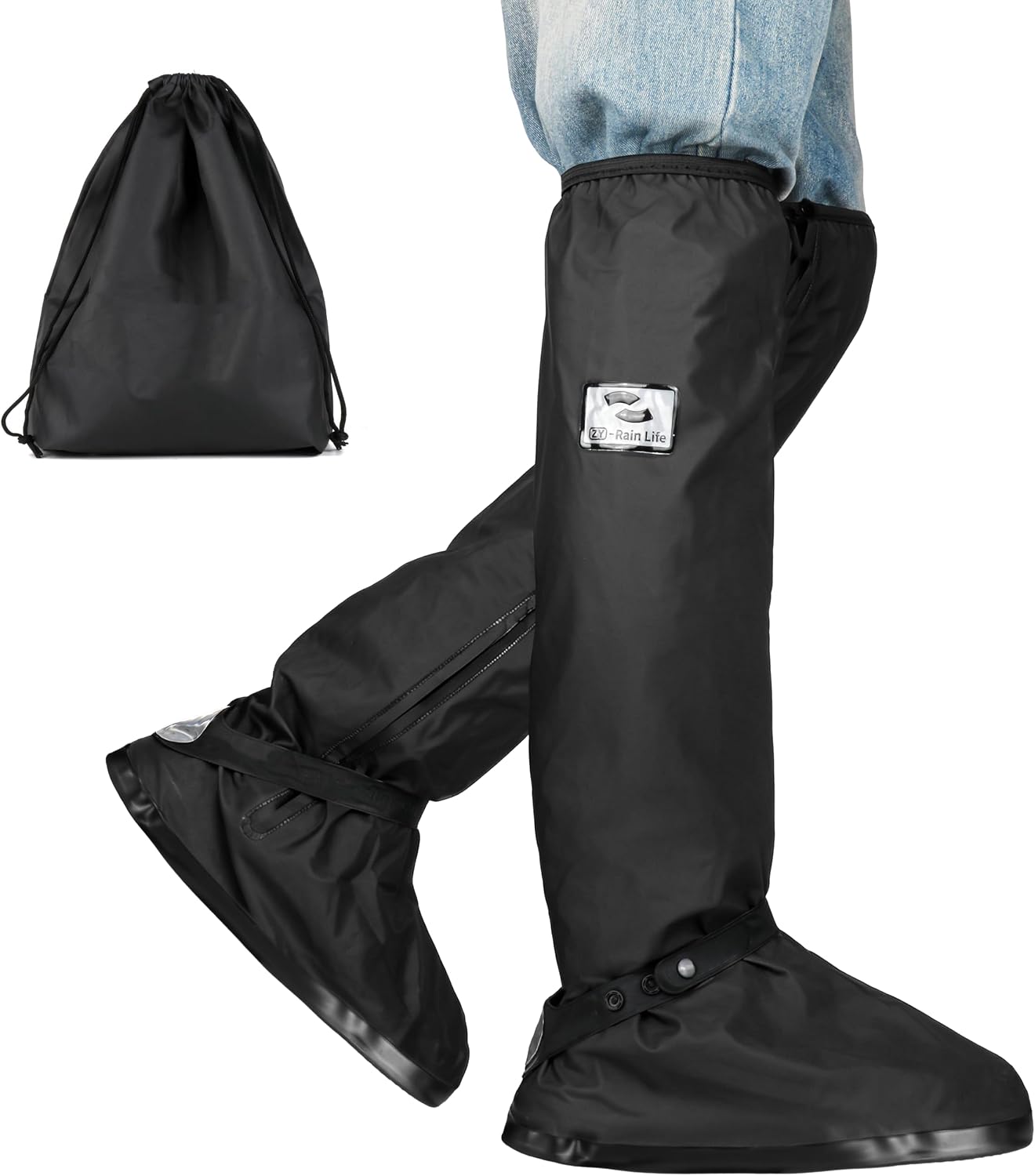 Waterproof Reusable Over-the-Knee Shoe Covers for Men & Women, Heavy Duty PVC Rain Boot Covers, Slip-Resistant Silicone Rubber Sole, Side Zipper & Storage Bag