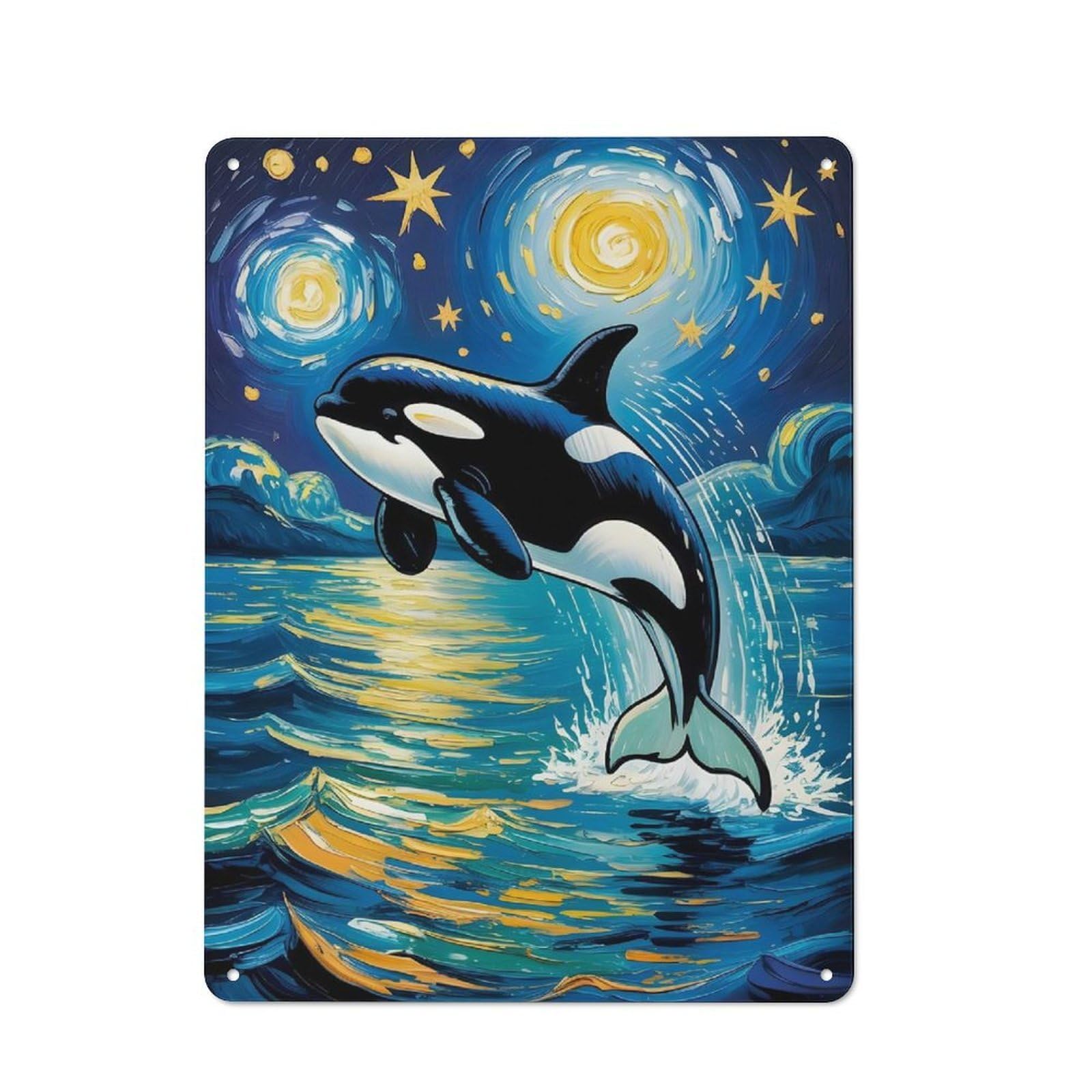 Junmoney Style-6 Moonlit Ocean An Orca’s Leap Under The Starry Sky Van Gogh Style Art Retro Metal Wall Decor 40X30cm, Metal Sign For Pub, Home Bar, Shed Or Man Cave, For Relaxed Wall Styling