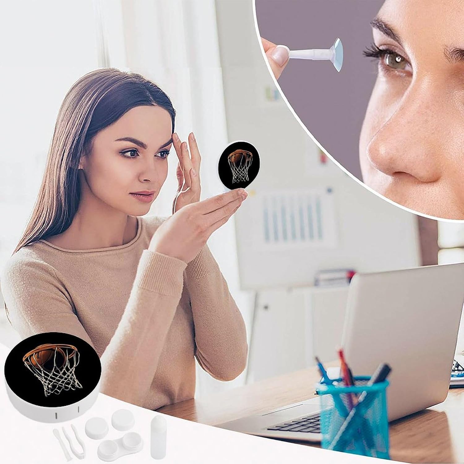 Basketball Player Contact Lens Case Travel Kit Portable Cute Contact Box with Mirror for Daily Outdoor