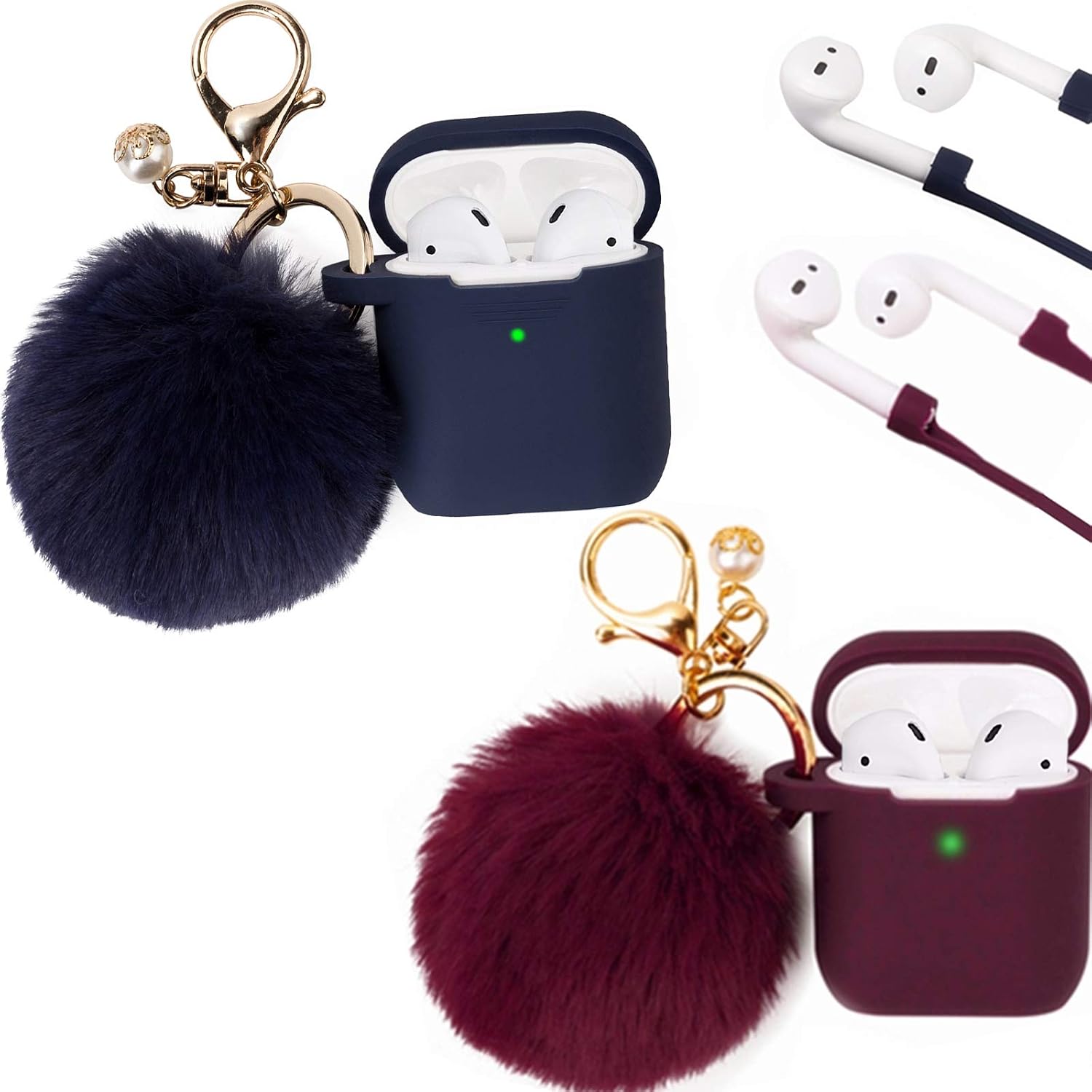 Filoto Case for Airpods, Filoto Airpod Case Cover for Apple Airpods 2&1 Charging Case, Cute AirPods Silicone Soft Case Accessories Keychain/Skin/Pompom/Strap (Burgundy+Midnight Blue)