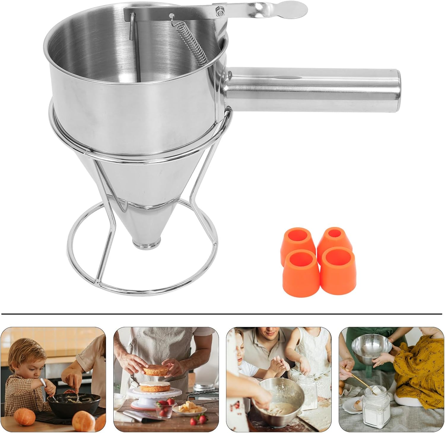 Uonlytech Stainless Steel Small Funnel with Stand 600ml Octopus Balls Batter Dispenser Pancake Syrup Separator Kitchen Baking Tool