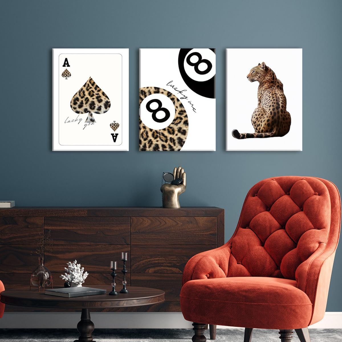 Trendy Leopard Canvas Wall Art Set of 3 - Cheetah Prints Wall Decor Pictures, Funky Lucky You 8 Ball Poster Preppy Aesthetic Paintings, for Girls Bedroom Dorm Apartment 12x16 inch Framed