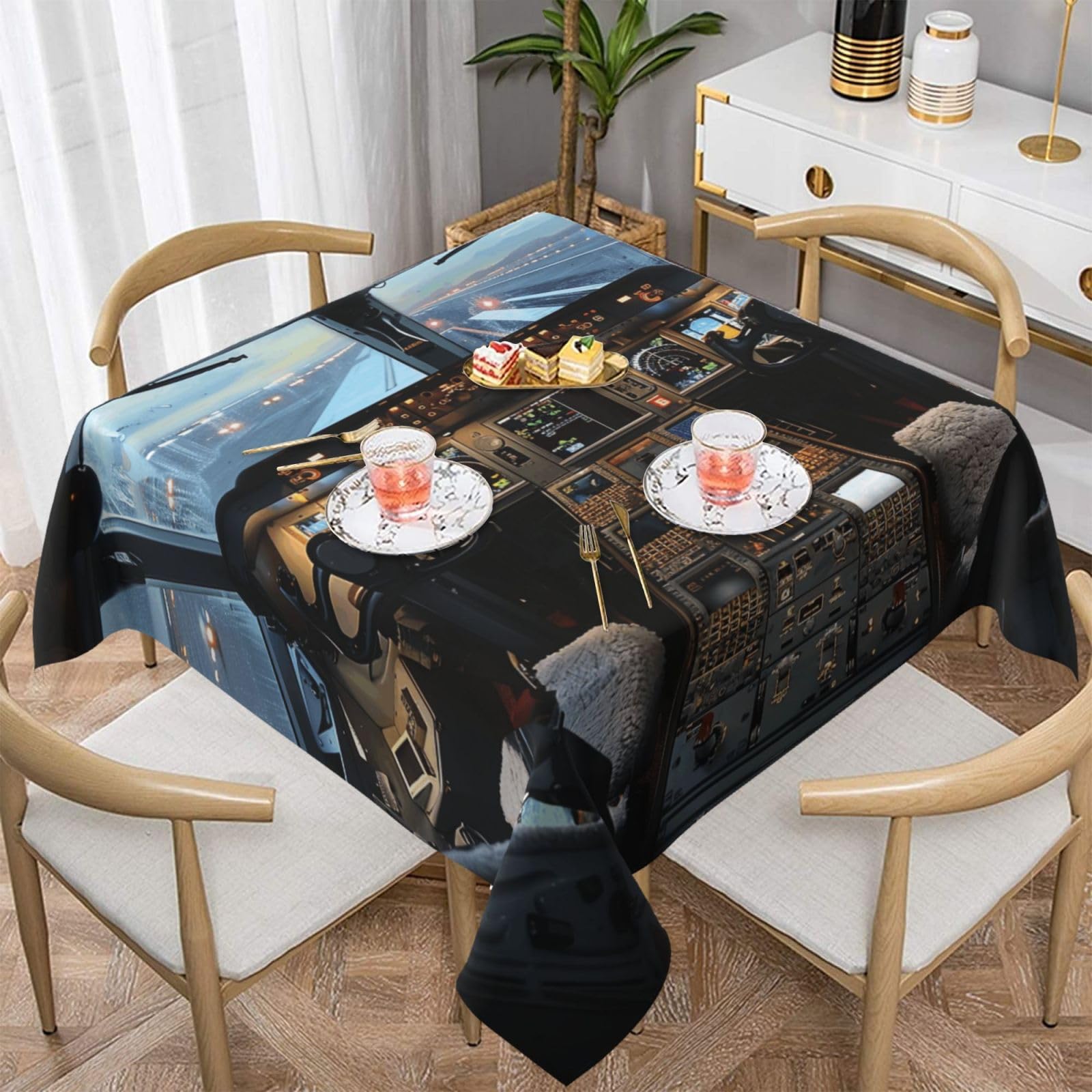 WPKJU Airplane Cockpit Printed Square Tablecloth 54x54 inch Water Resistant Table Cover Washable Rectangle Table Cloth for Dining Tables
