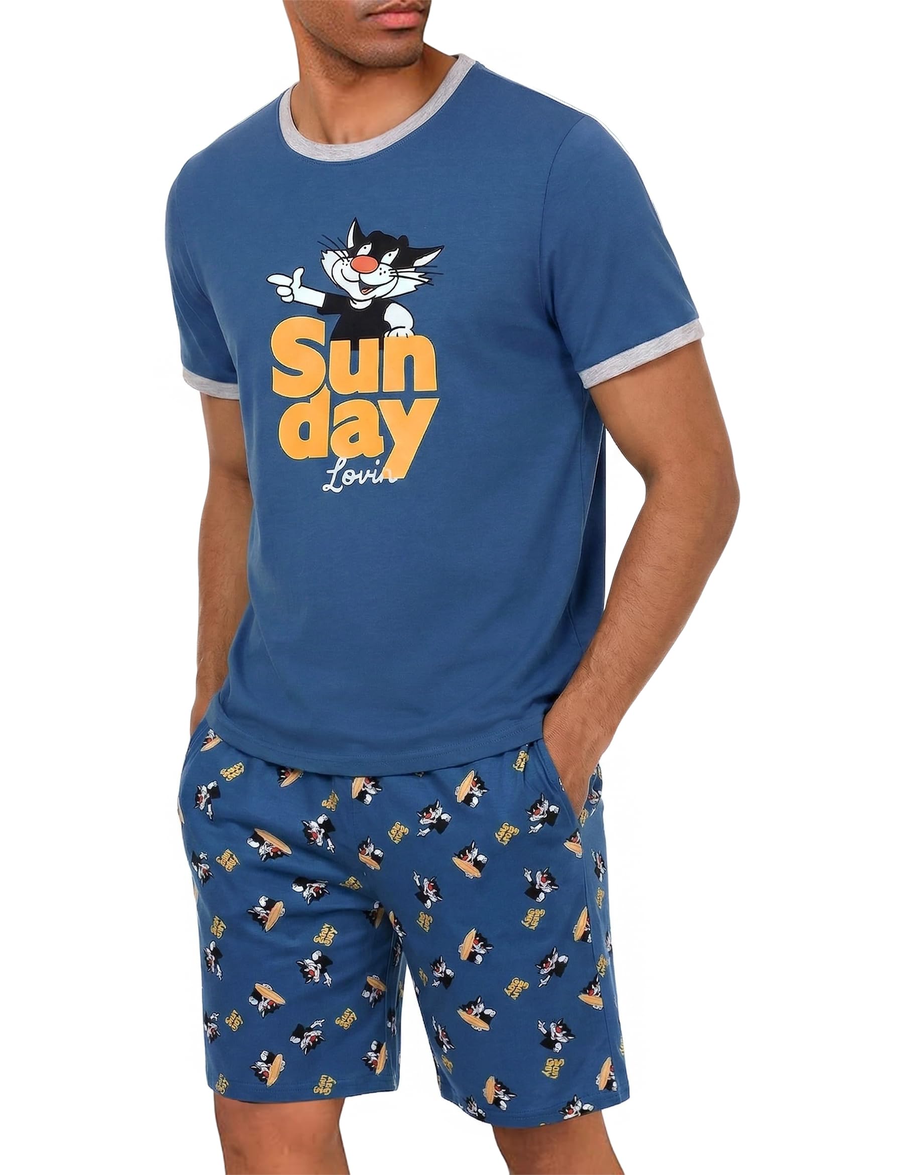 Demegimi Pijama Hombre Algodón Pijama de Verano Divertido Hombre Conjunto Pijama Hombre Verano Manga Corta Pijamas para Mangas Camiseta Cortas con Bolsillos