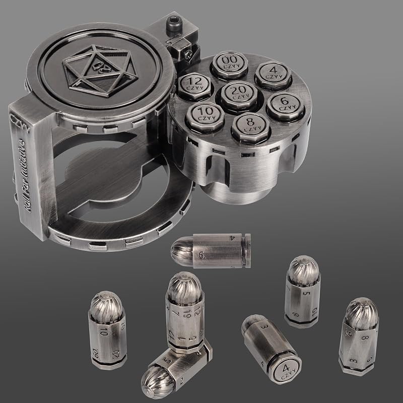 CZYY Juego de dados de bala poliédricos de metal con caja de cilindro de revólver giratorio | Juego completo de 7 dados, metal sólido, herramienta RPG Fidget, accesorios para temas de juegos DND, ciencia ficción, occidentales y de mesa, plateado