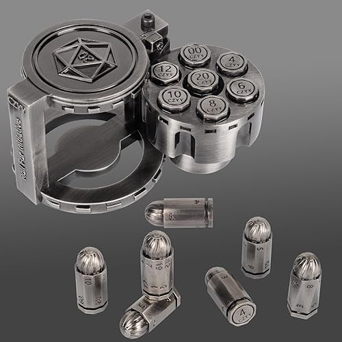 Metal Polyhedral Bullet Dice Set of 7 with Spinning Revolver Cylinder Container