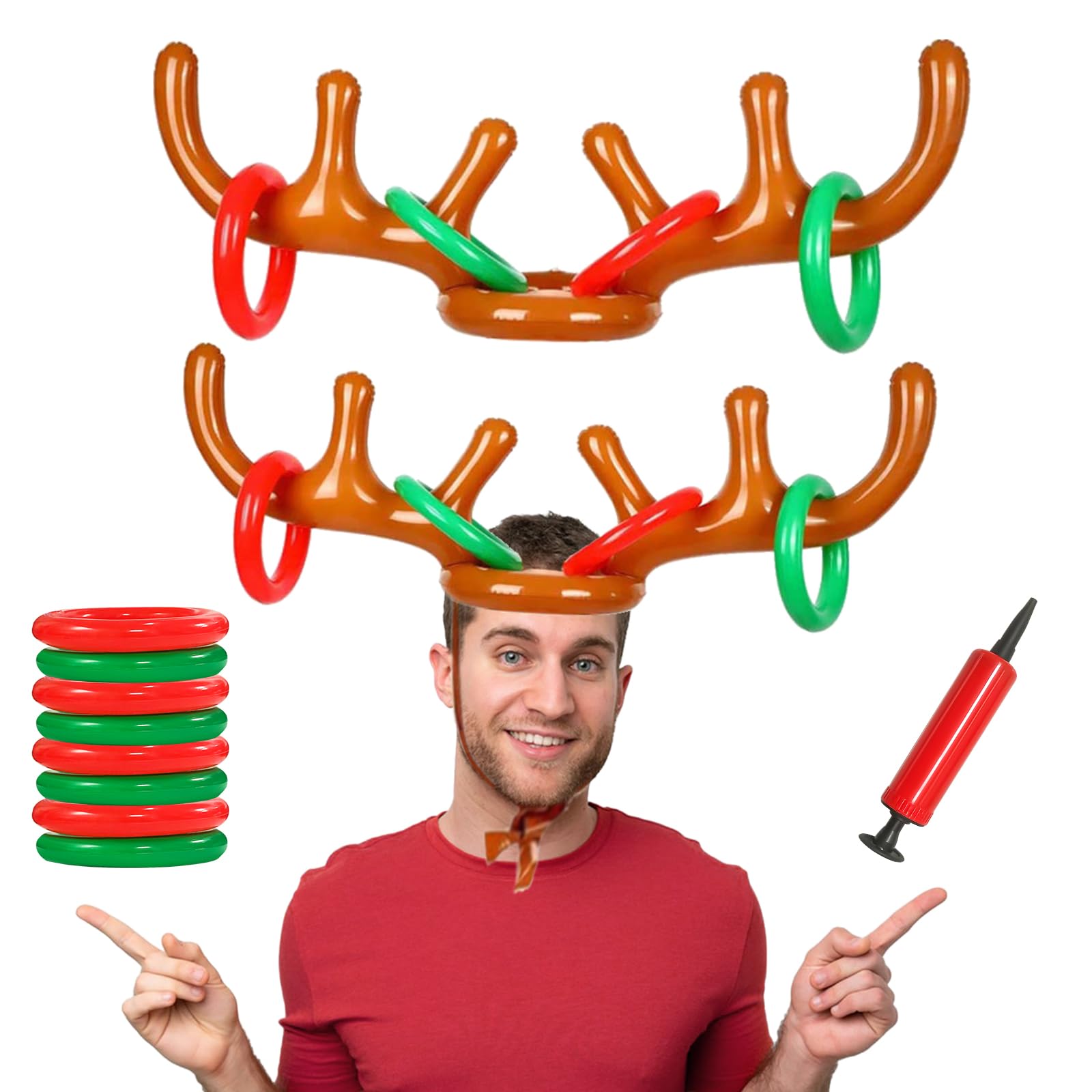 Inflatable Reindeer Antler Game, Christmas Reindeer Ring Toss Game,(2Antlers 8 Rings 1 Pump) Antler Ring Toss