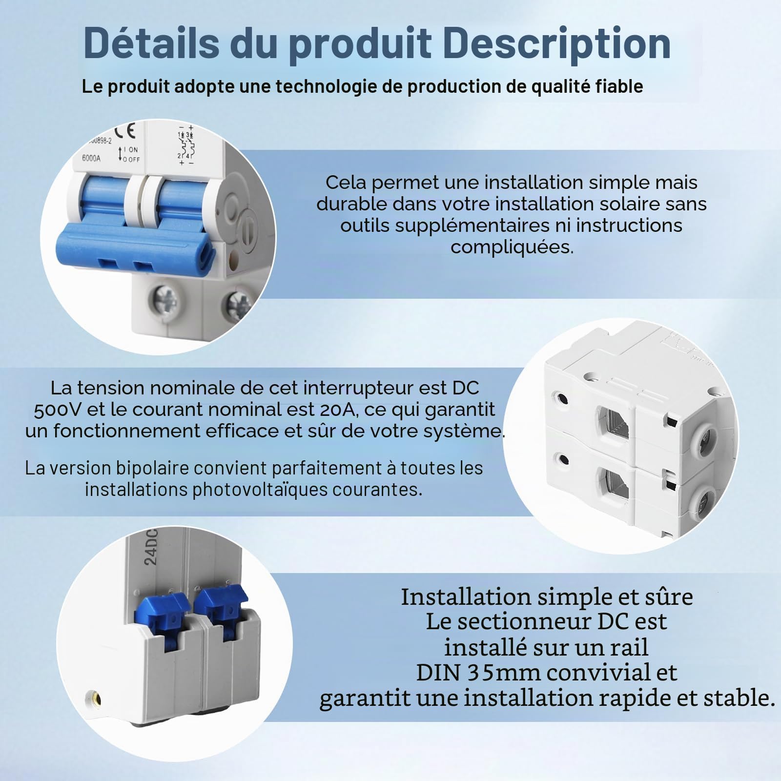 Lot de 2 disjoncteurs CC - Système PV - 500 V - 20 A - 2 pôles - Disjoncteur solaire - Disjoncteur automatique pour systèmes photovoltaïques - Disjoncteur d'air de protection - Montage sur rail DIN 35
