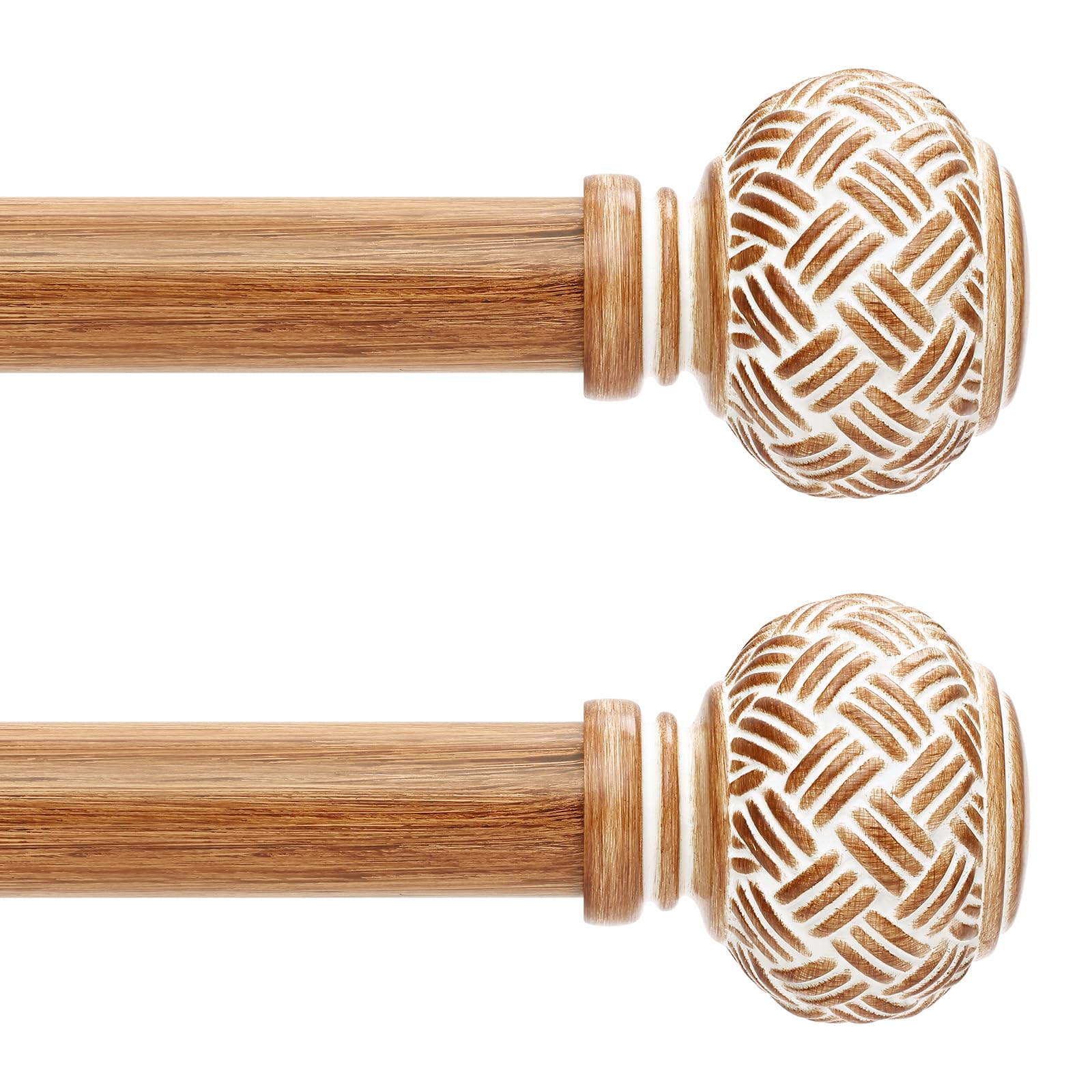 2 Pack Wood Curtain Rods for Windows 48 to 84 Inches, Decorative 1'' Diameter Heavy Duty Adjustable Rustic Farmhouse Drapery Pole with Boho Imitation Wooden Grain Finials, Size: 30''-88'', Brown