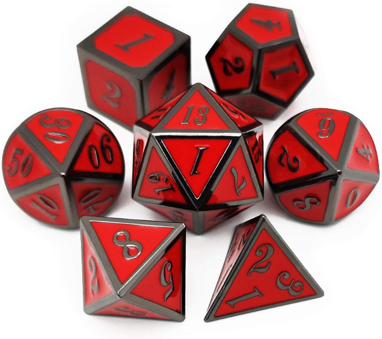 Haxtec 7 Die Metal Dice Set D&D 7PCS DND Dice of D20 D12 D10 D8 D6 D4 Compatible with Dungeons and Dragons RPG Games-Glossy Enamel Dice (Black Red)