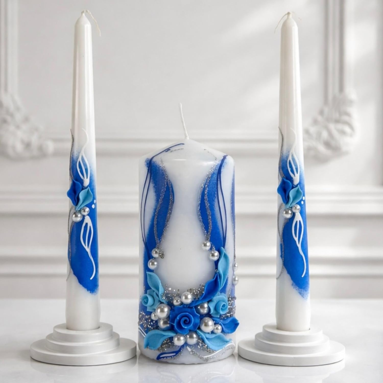 Unity Candle Set - Wedding Ceremony & Reception – 6” Pillar & Two 10” Taper Candles – Long Burning Unity Candles for Marriage Ritual – Handmade in USA - Royal | Blue