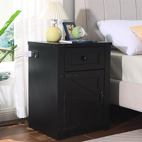 Miniatura 2 de SOOWERY Juego de 2 mesitas de noche, mesita de noche con estación de carga, mesa auxiliar de granja con puerta de granero y cajón, mesa auxiliar de