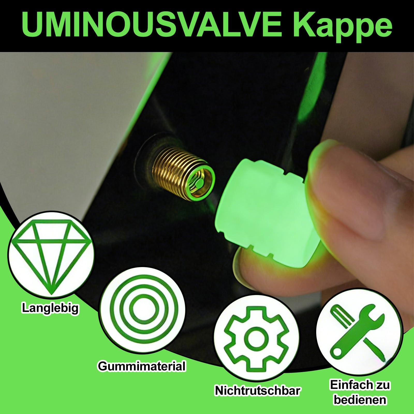 Oiieco 12 Stück Auto Leuchtende Ventilkappen Auto, Universelle Fluoreszierende Reifenventilkappen, Ventilschaftabdeckung Leuchtend für Auto SUV Fahrrad Motorrad (Grün) - 3