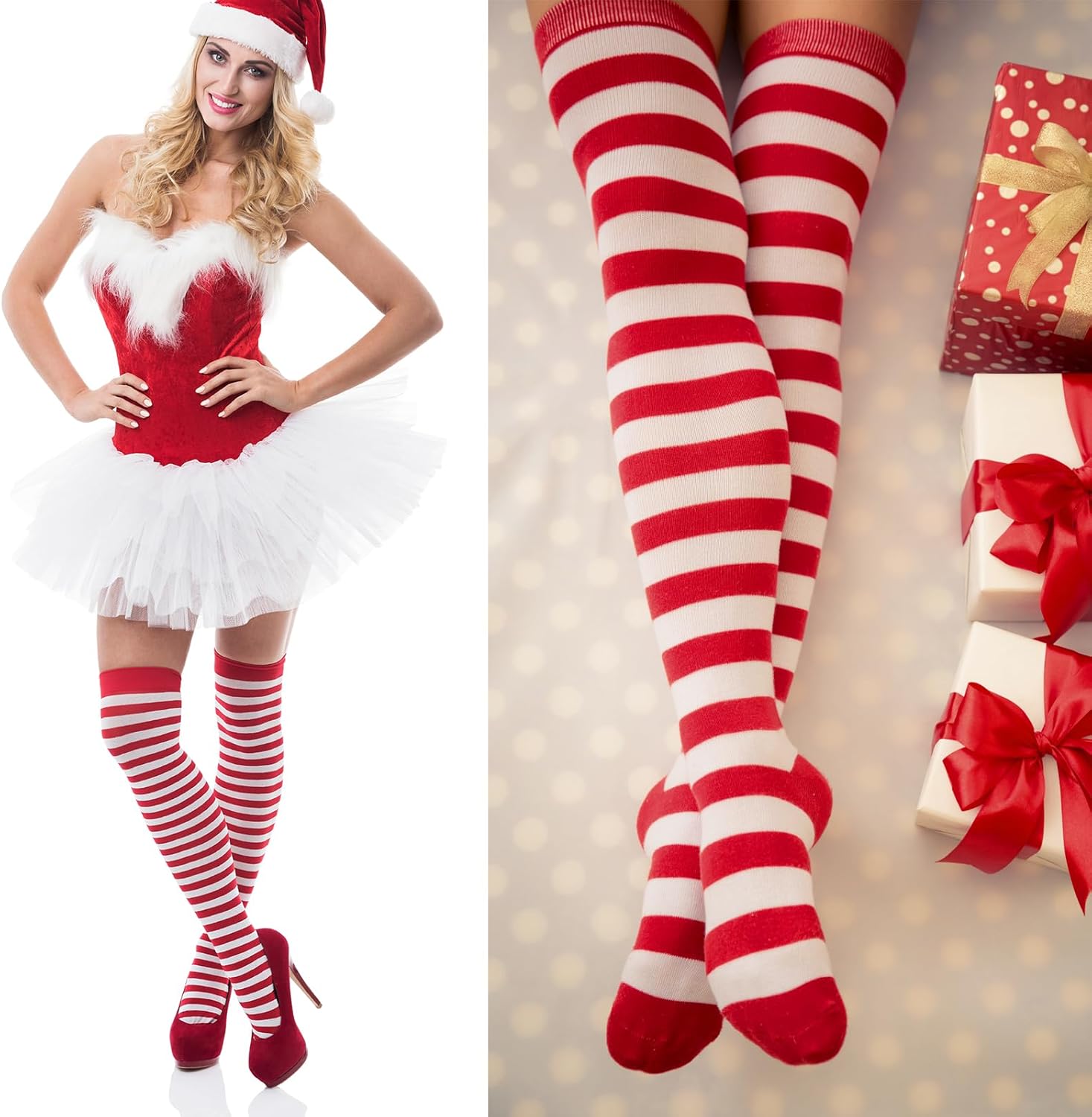 2 Pairs Of Red Blue Striped Over the knee Socks for Women Ideal for Halloween - Image 4